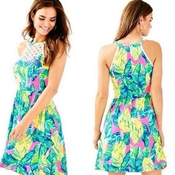 Lilly Pulitzer Kinley Dress Pink Sunset Local Flavor Tropical Beach Size 2 Women - Picture 1 of 14